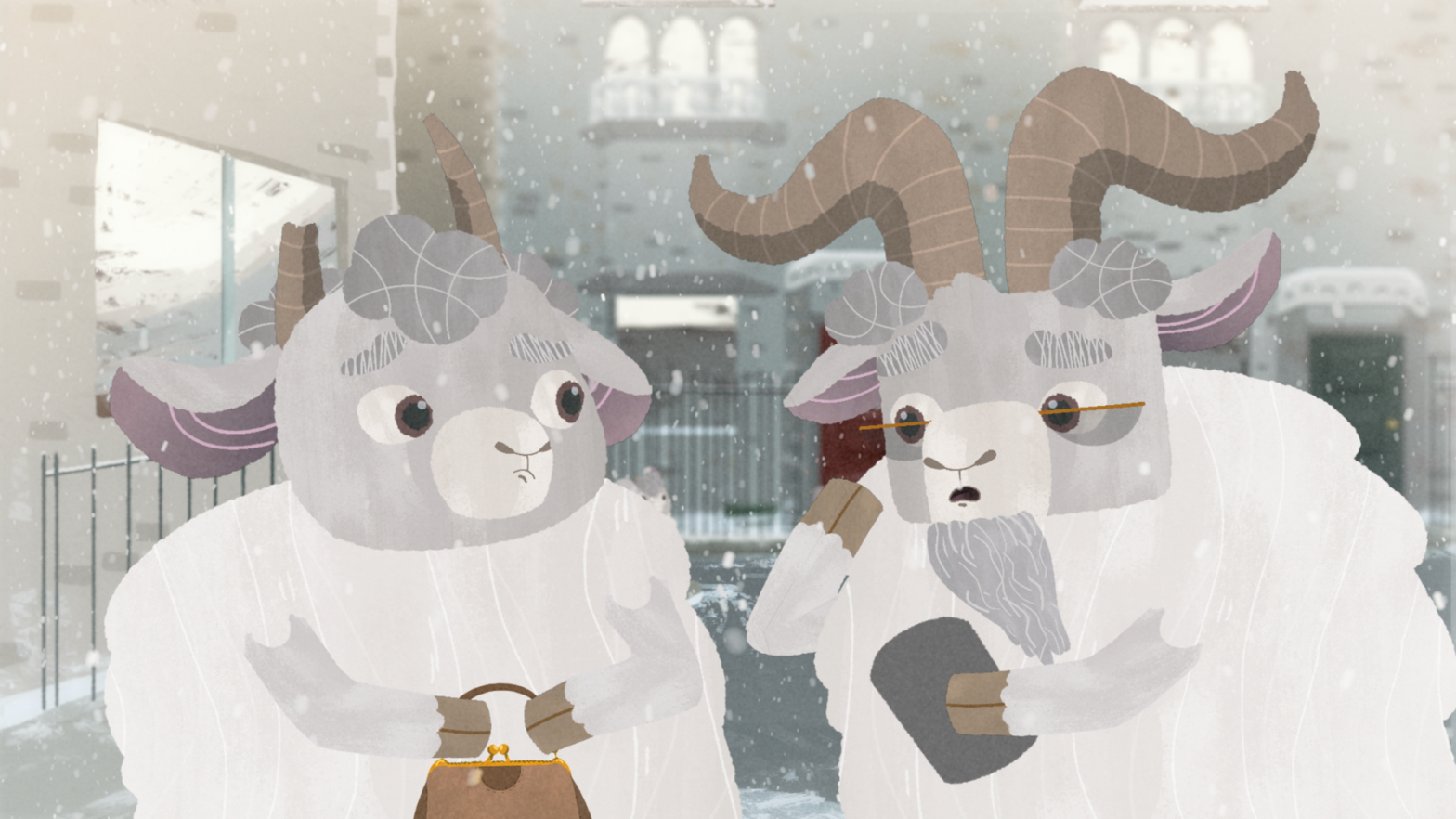 A couple of elderly goats look worried. Grandpa goat is holding a mobile phone, grandma goat is clutching her handbag.